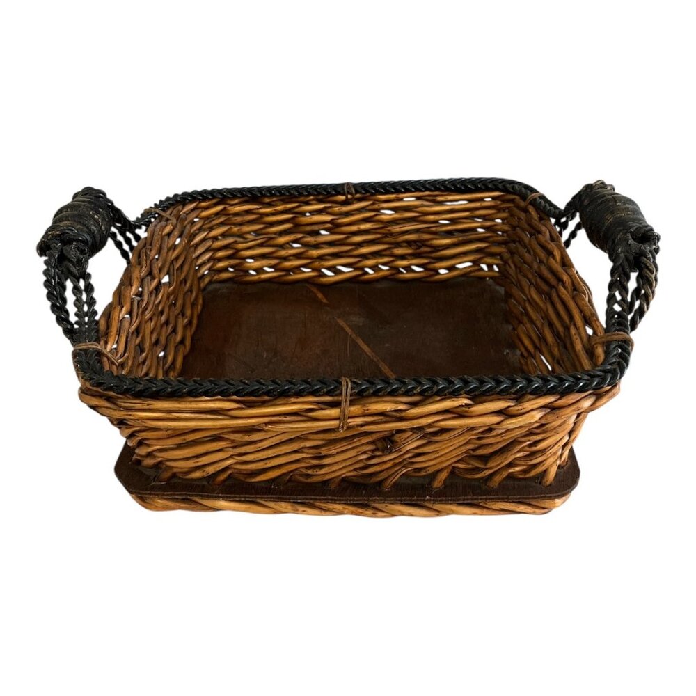 Vintage Rattan & Wood Basket with Twisted Metal Handles – Rustic Farmhouse Decor